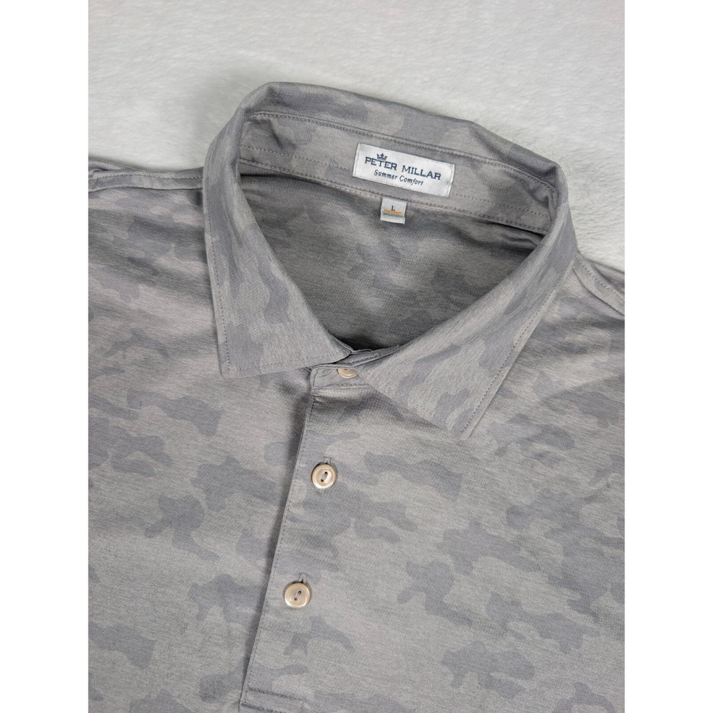 Peter Millar Summer Comfort Polo Shirt Mens Large Gray Camoโ AOP w/Logo